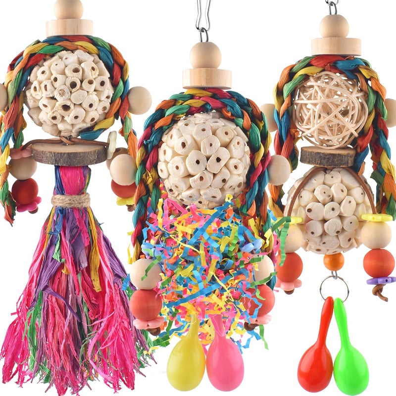 Bissap 3PCS Bird Parrot Foraging Shredder Hanging Toys Sola Balls with Sand Hammer for Small Parrots Parakeets Conures Cockatiels Love Birds Cage Toy - Image 1
